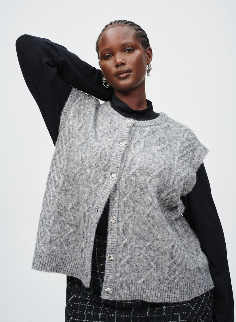 Gebreid vest met patroon en decoratieve knopen, Grijs, Image image number 0