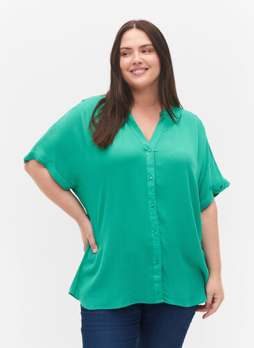 Chemise à manches courtes en viscose avec col en V, Holly Green, Model image number 0
