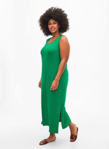 Mouwloze, geribde jurk van viscose, Jolly Green, Model image number 0