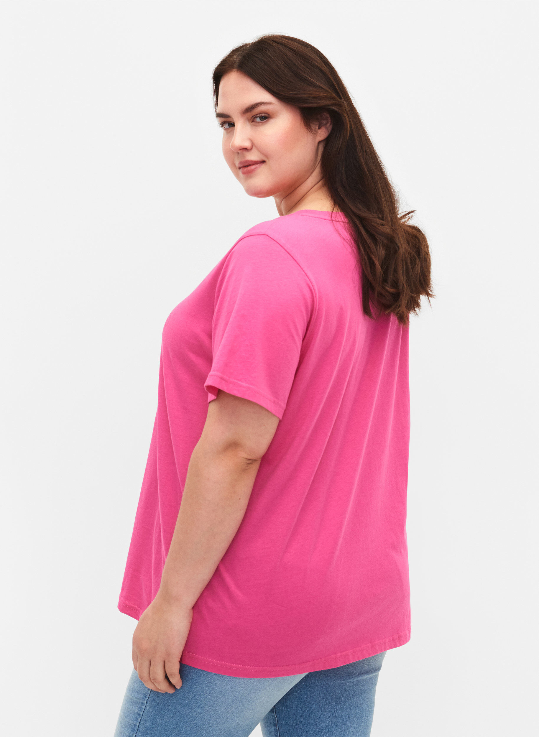 Zizzi T-shirt en coton avec texte imprim&eacute;, Shocking Pink W. LOS, Model image number 1