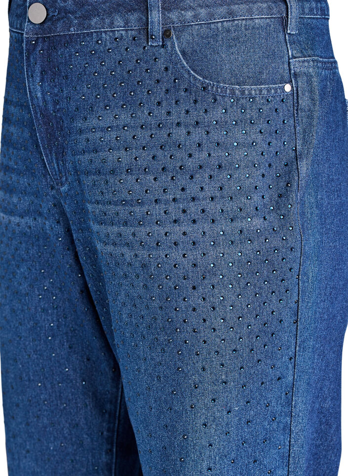 Jean taille haute à coupe droite avec strass, Bleu, Packshot image number 2