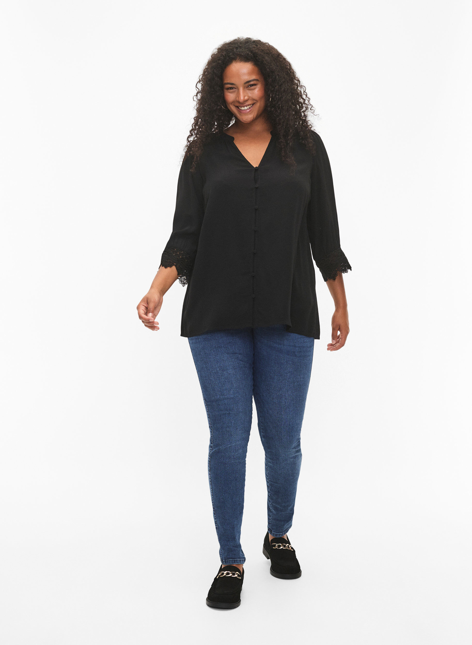 ZizziViscose shirt met V-hals, Black, Model image number 2