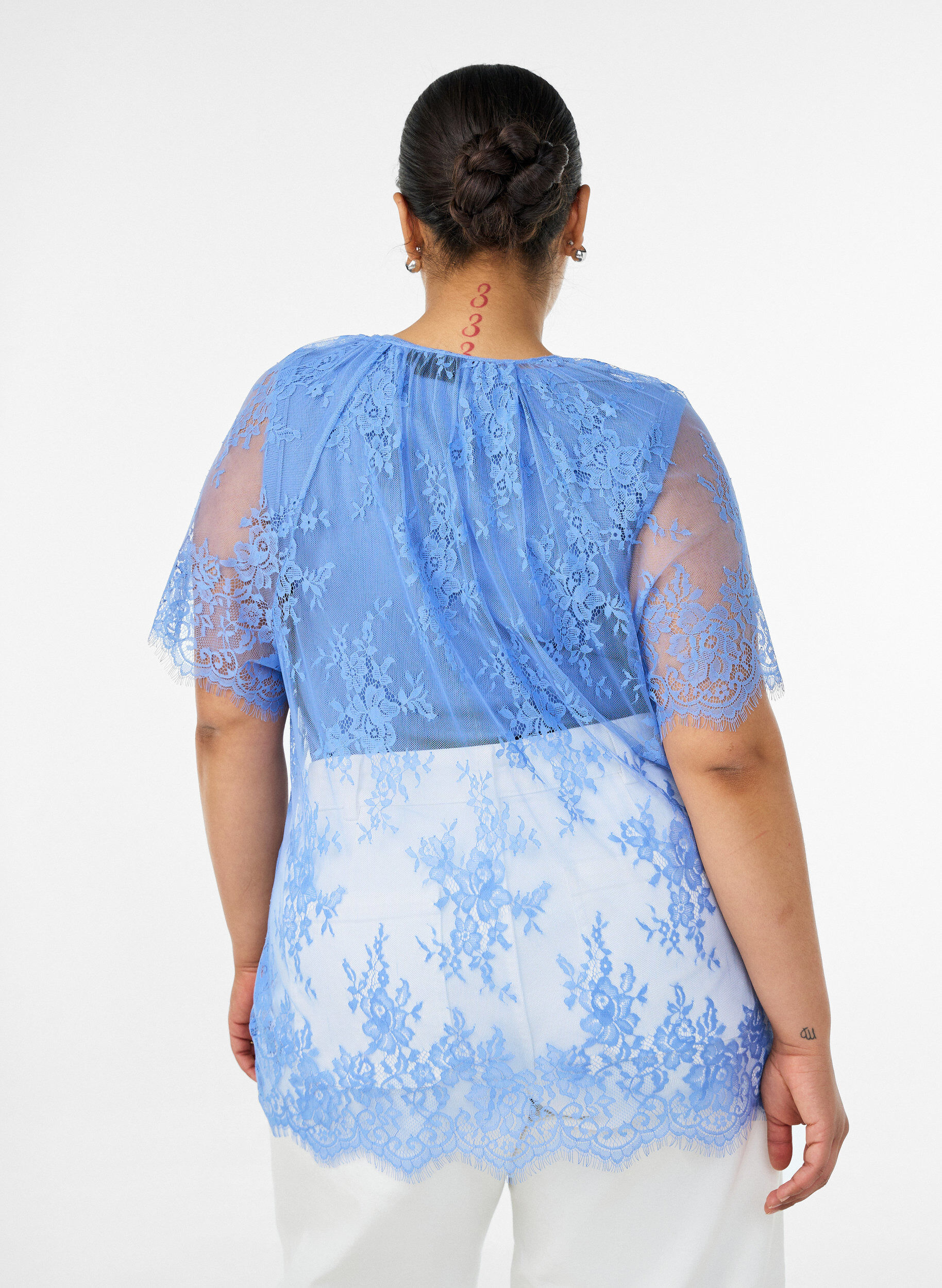 ZizziKorte mouwen kanten blouse met striksluiting, Paars, Model image number 2