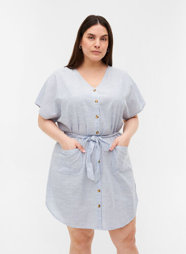Robe chemise rayée en coton avec poches, Country Blue Stripe, Model image number 0