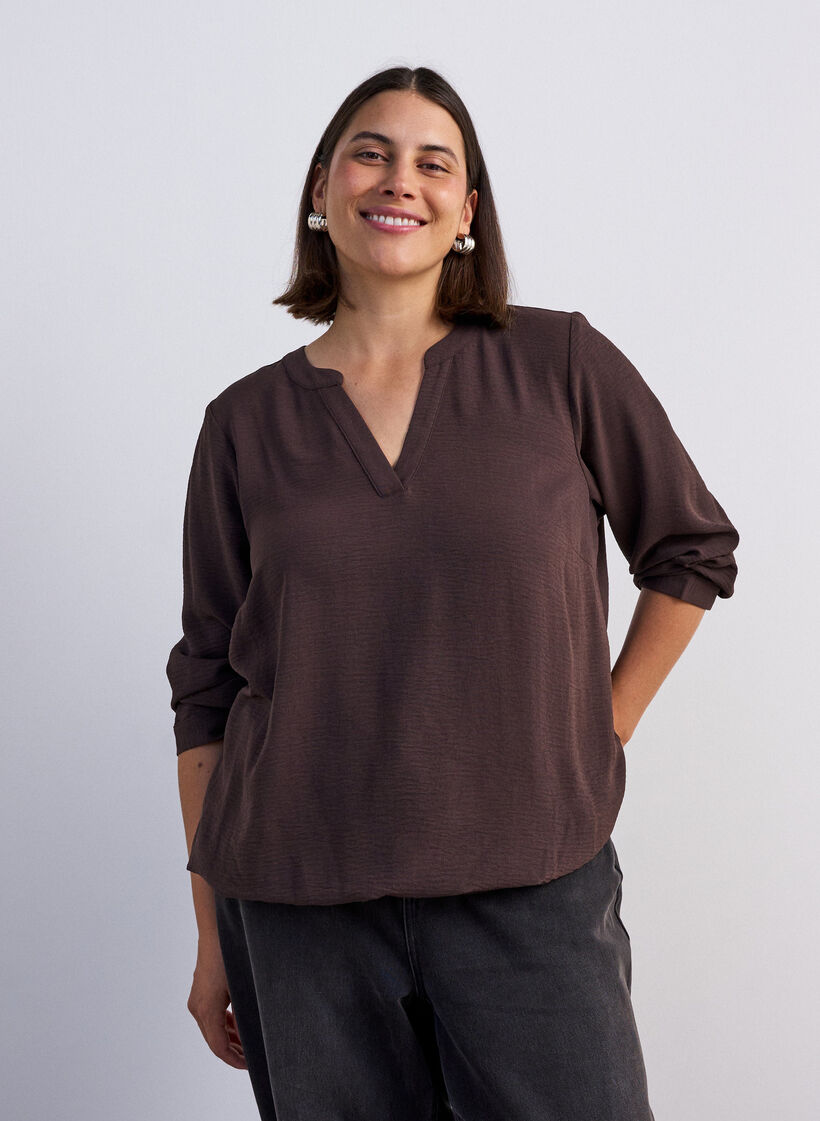 Blouse &agrave; la silhouette ballon avec col en V, Marron, Model image number 0