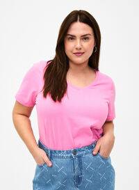 Basic t-shirt in effen kleur met katoen, Rosebloom, Model