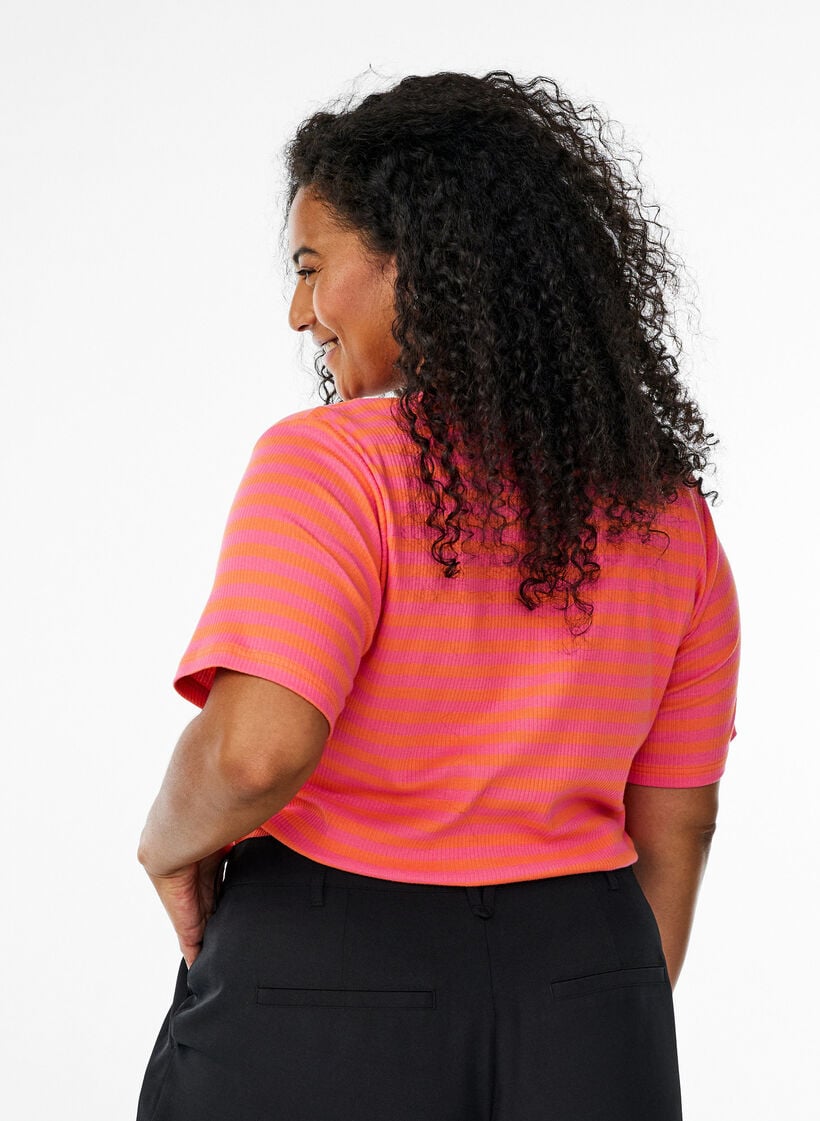 Gestreept T-shirt met geribbelde textuur, Oranje, Model image number 2