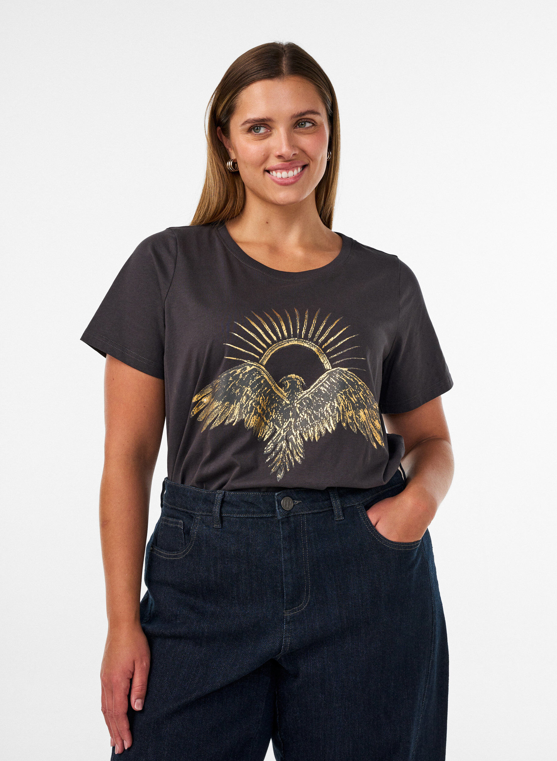 Katoenen T-shirt met print aan de voorkant, Grijs, Model