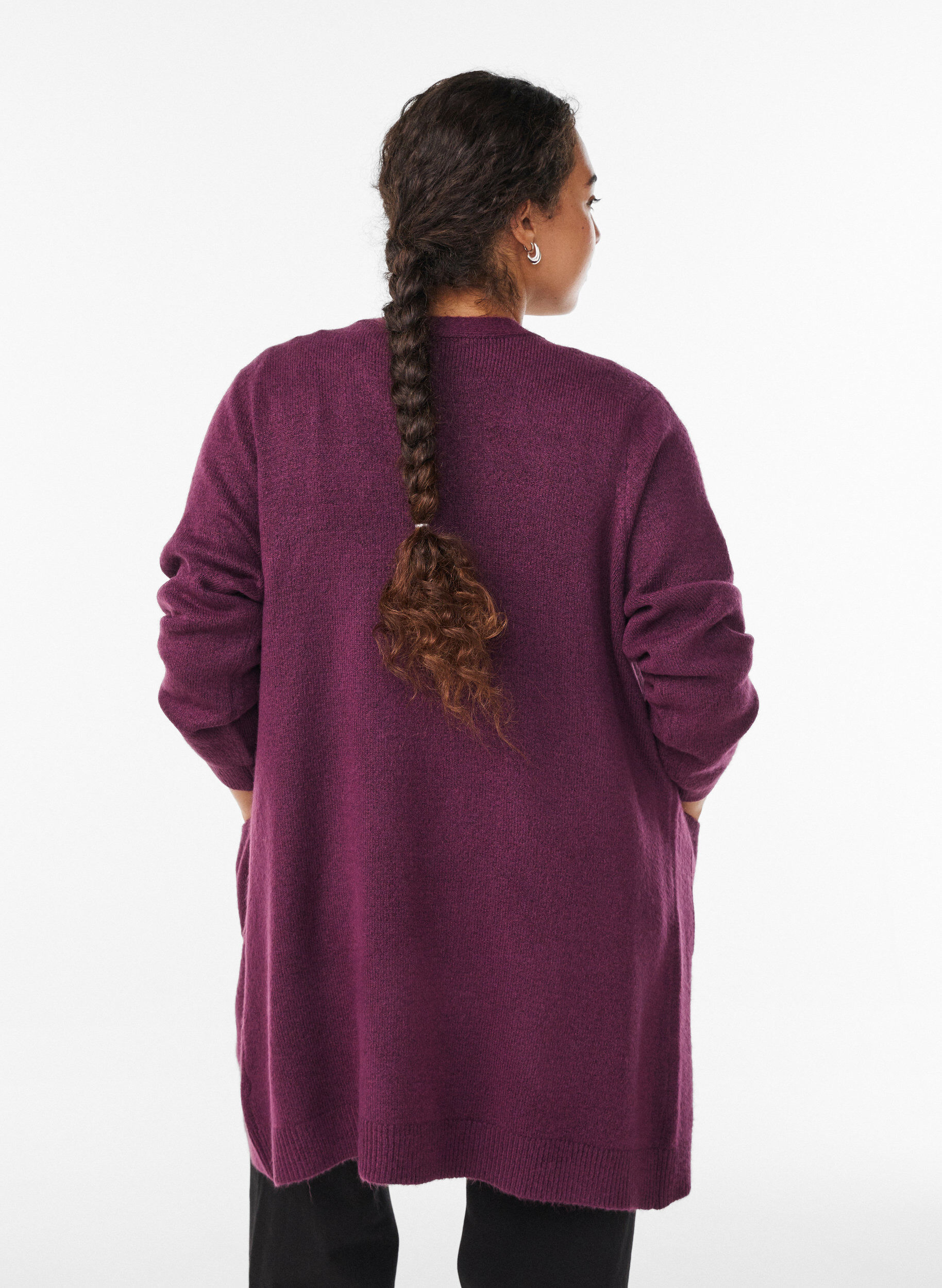 Zizzi Long cardigan tricot&eacute; avec poches, Violet, Model image number 2