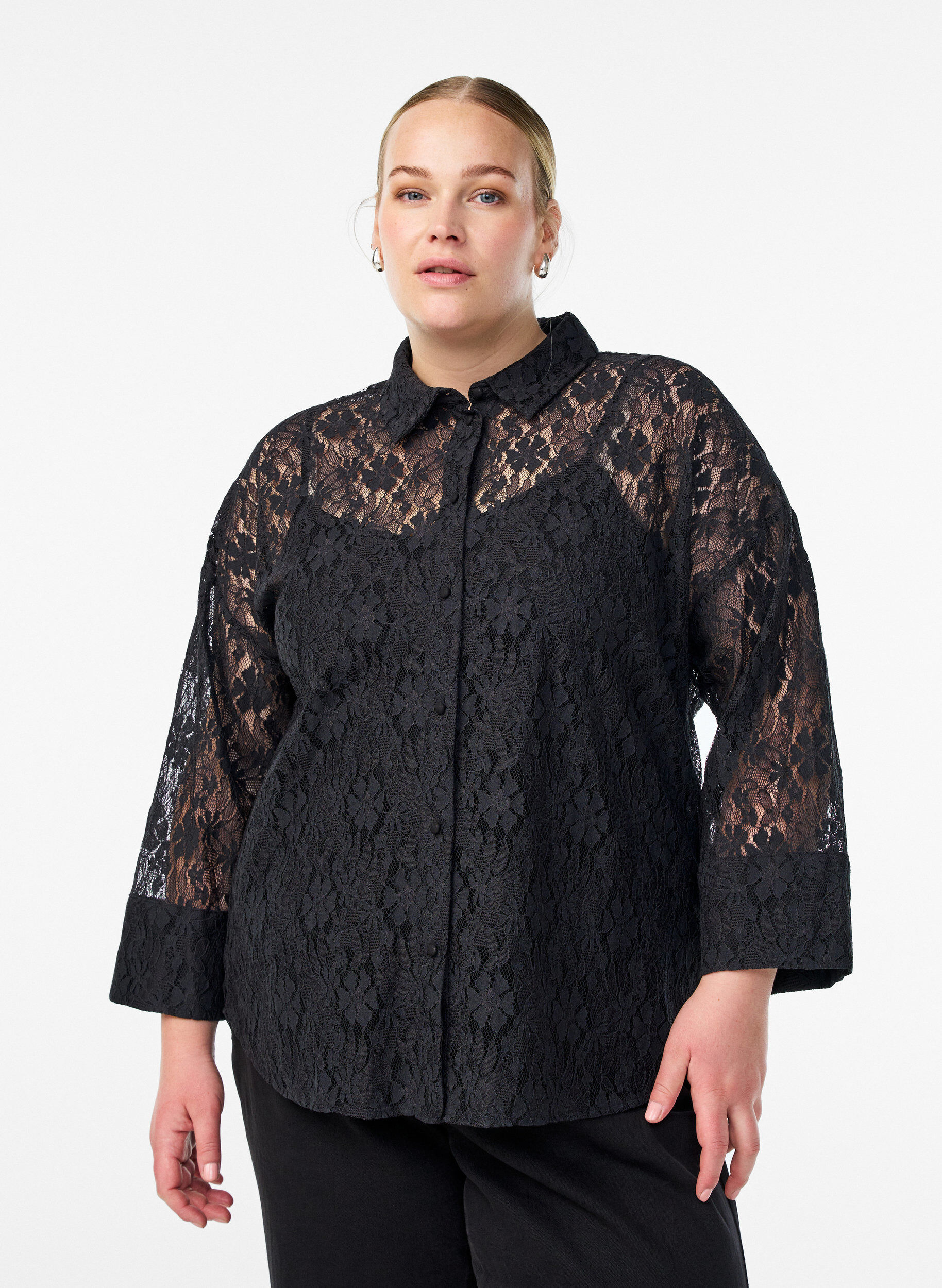 Kanten shirt met 3/4 mouwen, Zwart, Model