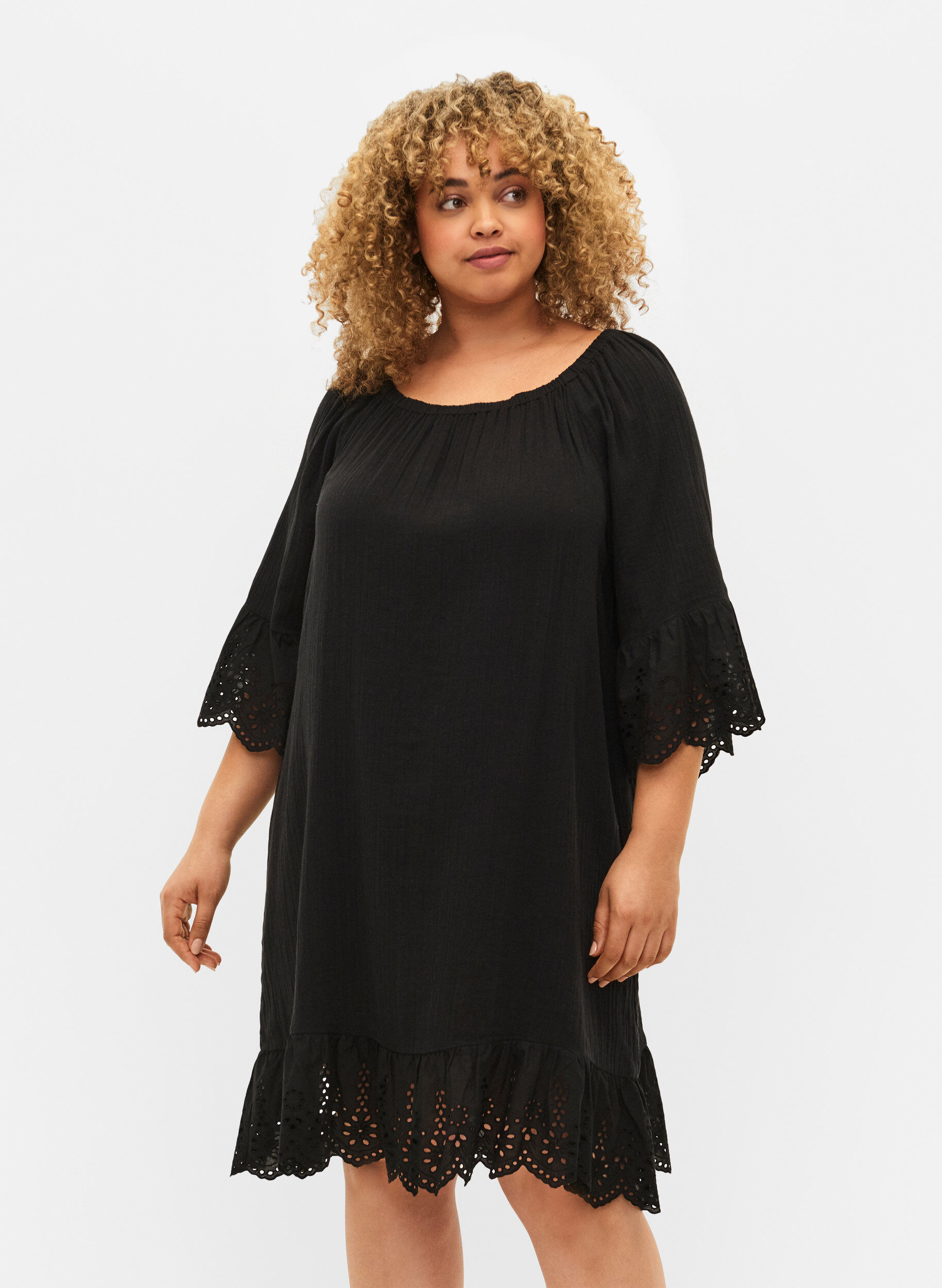 Zizzi Robe en coton avec broderie anglaise, Black, Model image number 0