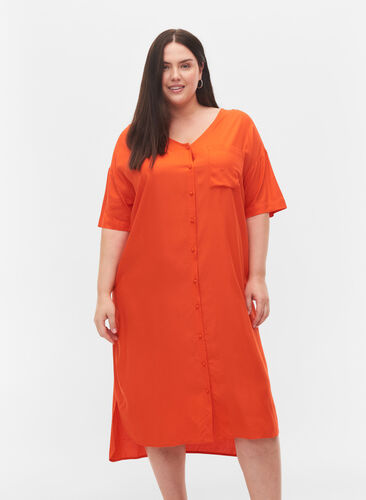 Robe chemise à manches courtes en viscose, Mandarin Red, Model image number 0