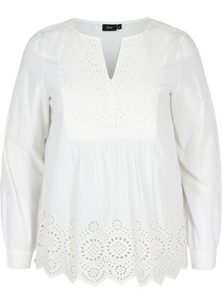 Blouse à manches longues en coton avec broderie anglaise, Bright White, Packshot image number 0