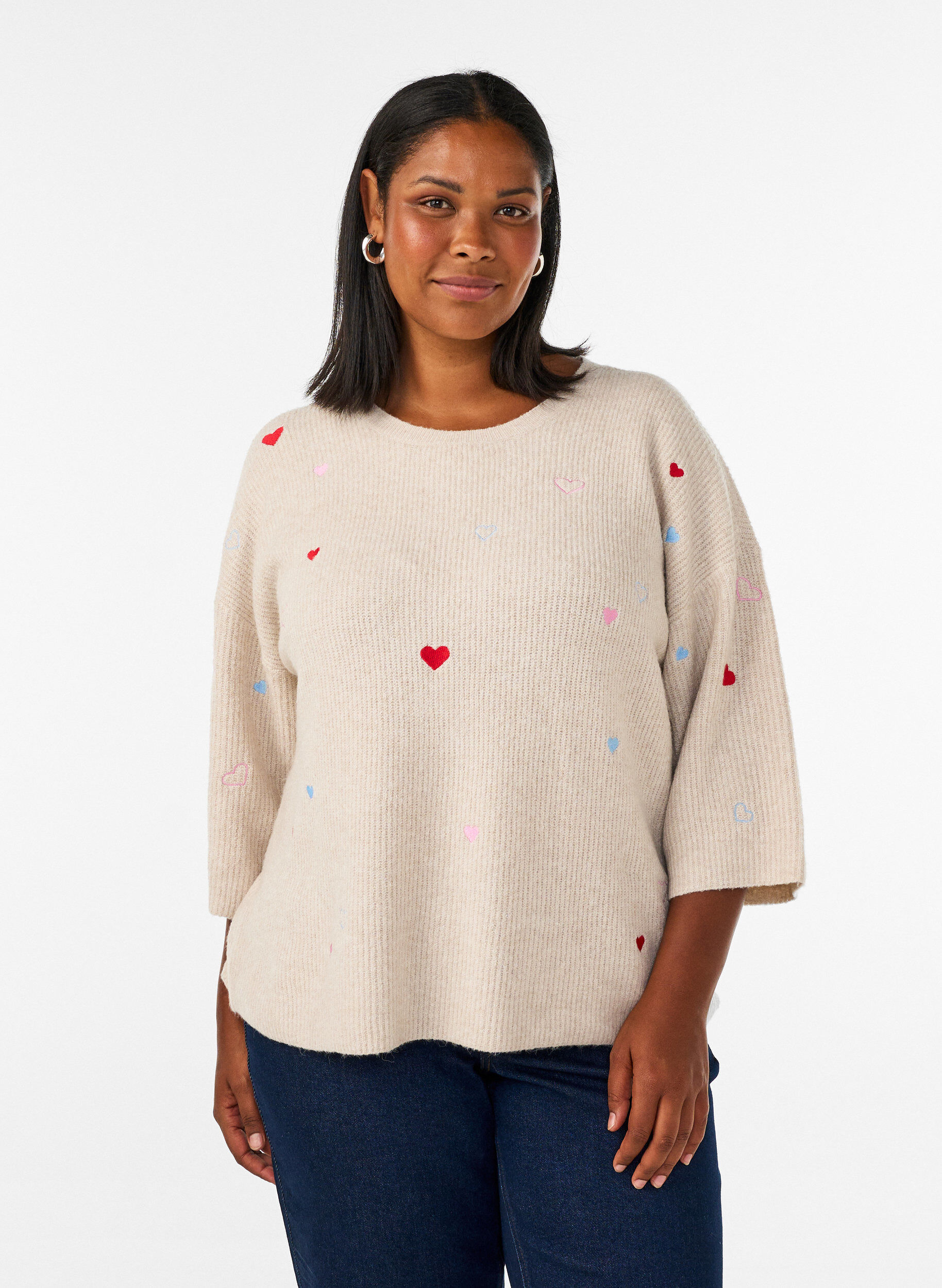 Gebreide blouse met hartjes en 3/4 mouwen, Beige, Model