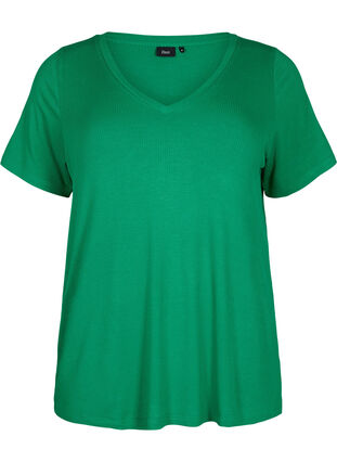 Geribd viscose T-shirt met V-hals, Jolly Green, Packshot image number 0