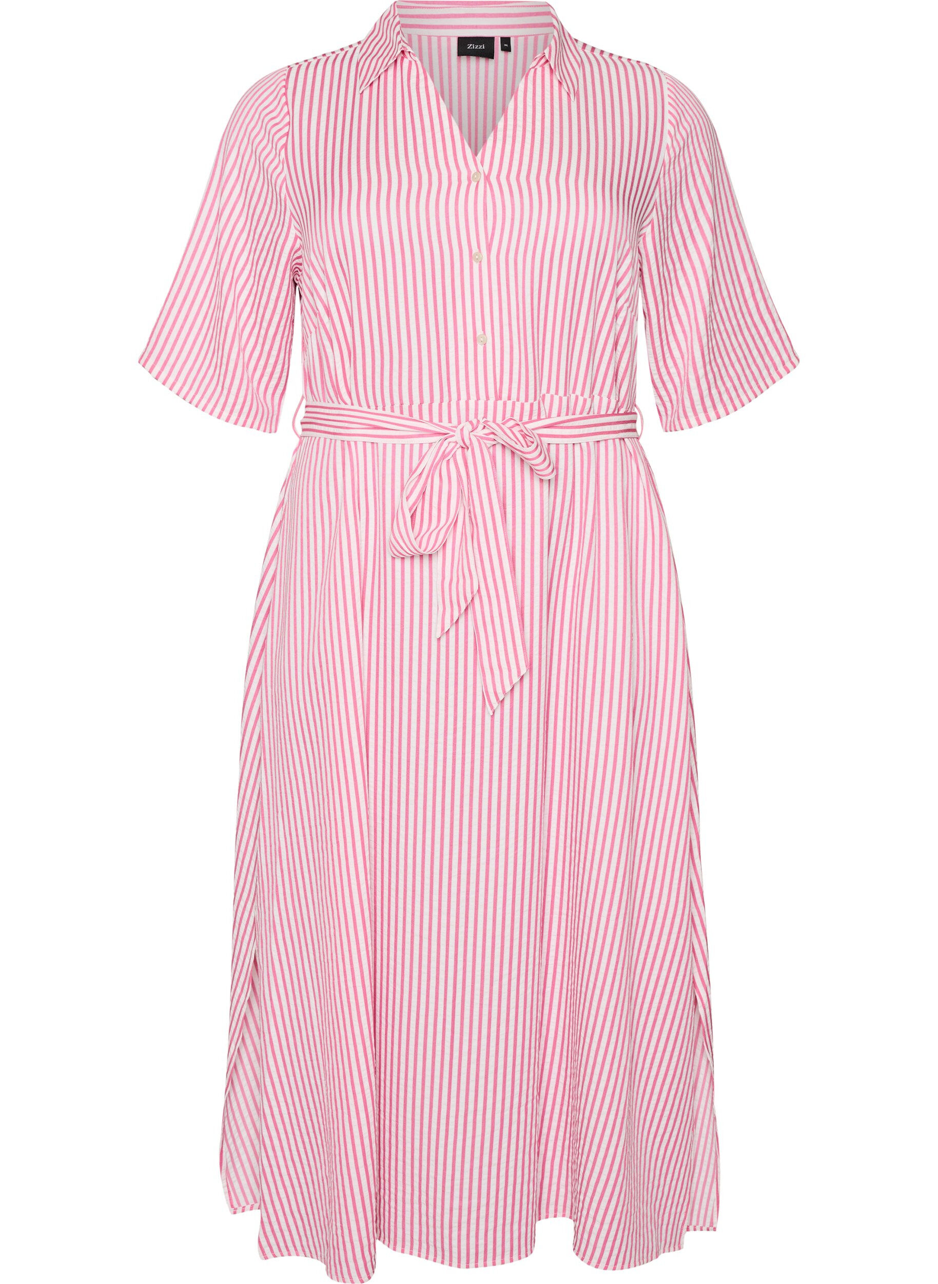 ZizziRobe-chemise longue jusqu&rsquo;aux chevilles avec ceinture &agrave; nouer et rayures, Rose, Packshot image number 0