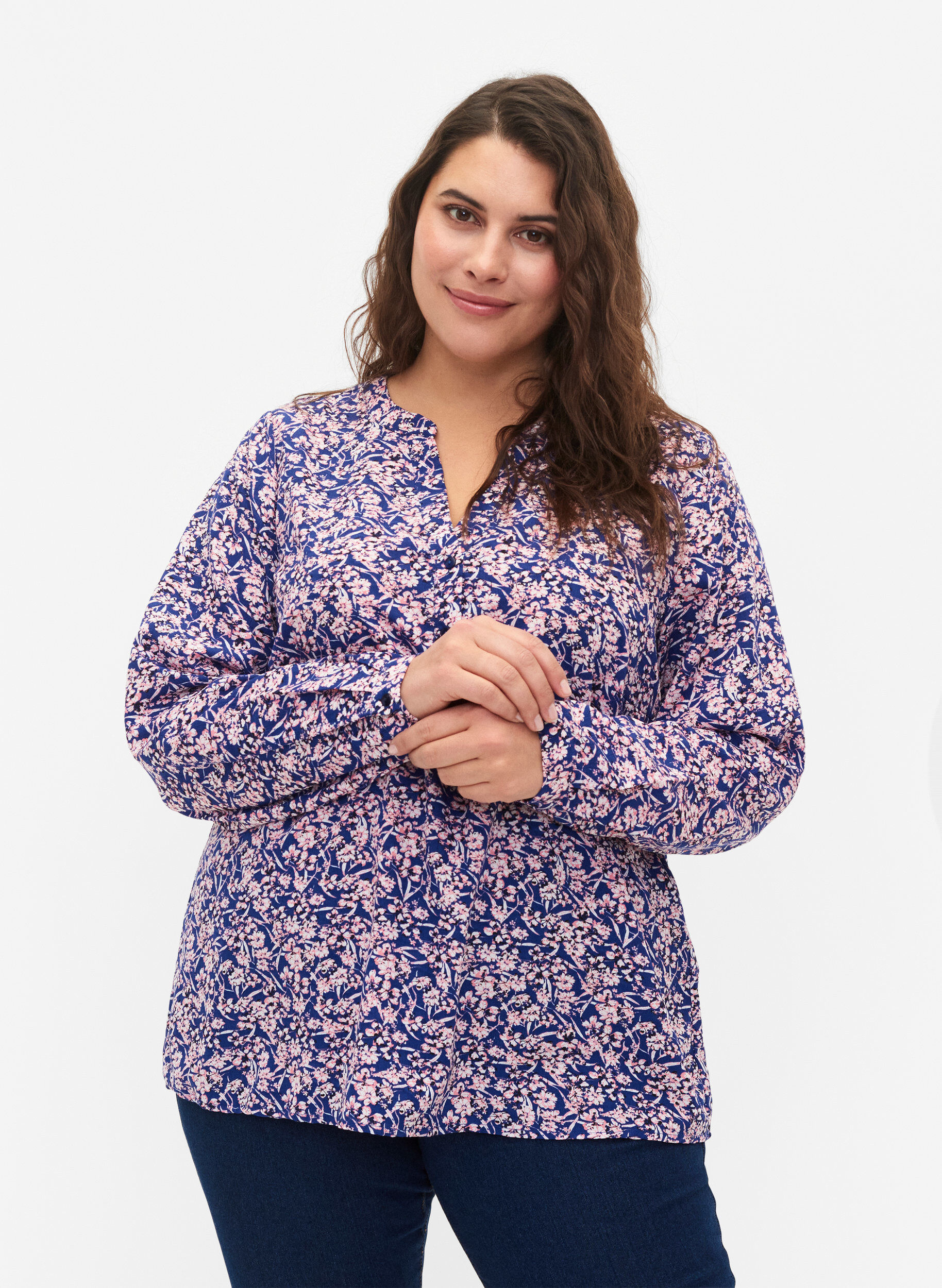 ZizziFLASH - Blouse met lange mouwen en print, Strong Blue Flower, Model image number 0