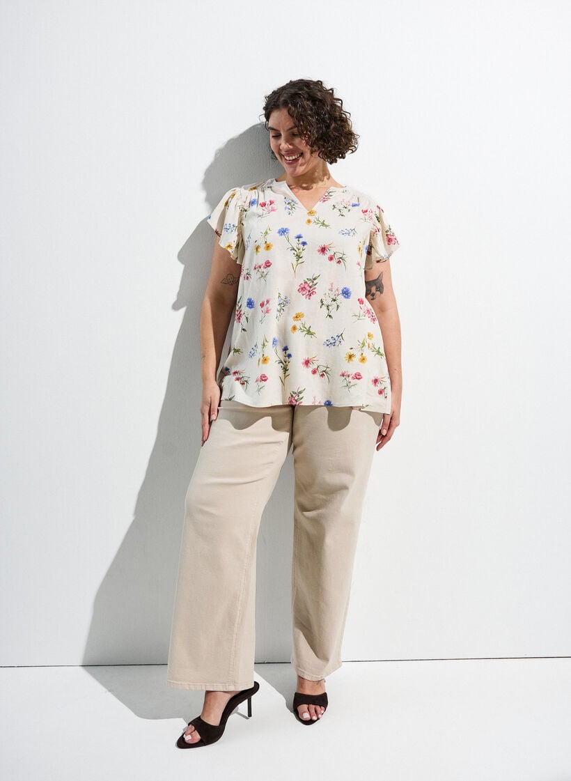 Viscose en linnen blouse met ruches aan de mouwen, Beige, Image image number 0