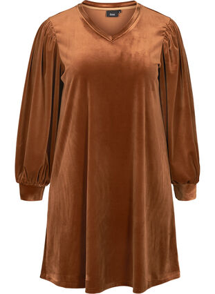 Velours jurk met lange pofmouwen, Brown ASS, Packshot image number 0