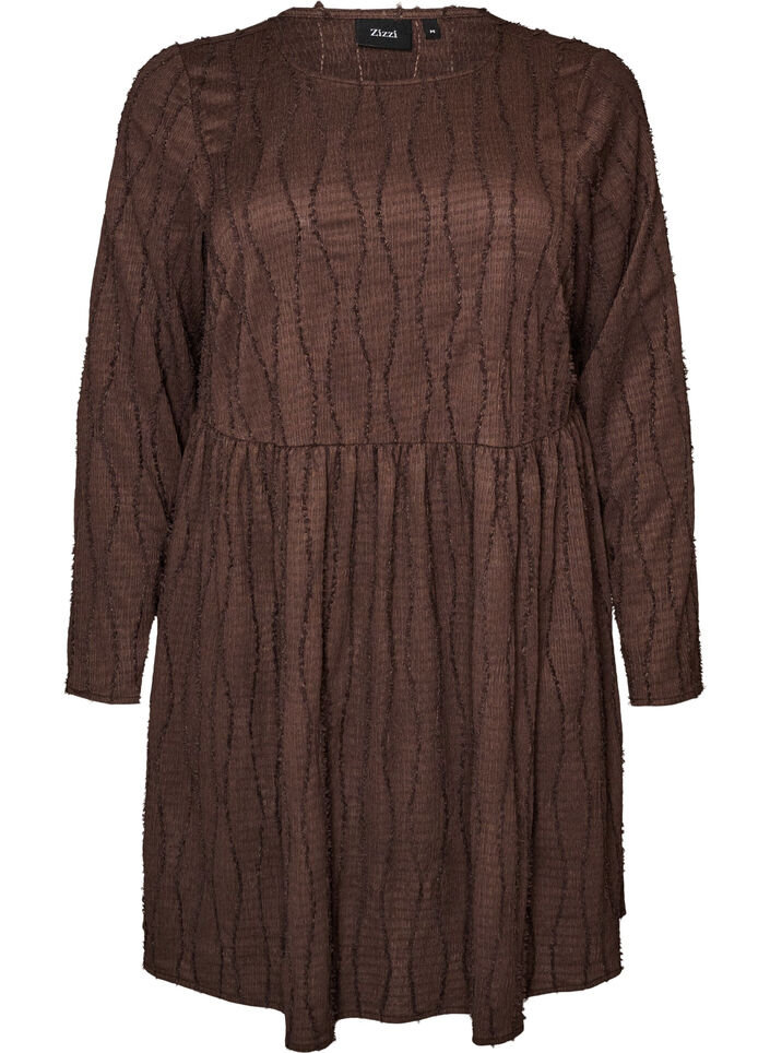 Korte jerseyjurk met een golvend textuurpatroon, Bruin, Packshot image number 0