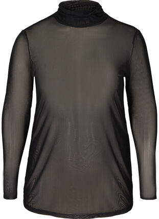 Mesh blouse met hoge hals en luipaardprint, Black, Packshot image number 0