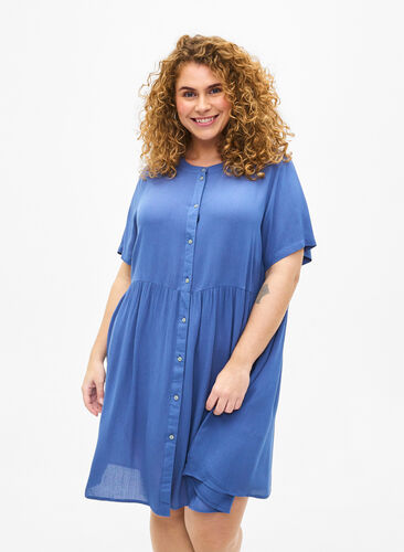 A-lijn viscose jurk met korte mouwen, Moonlight Blue, Model image number 0