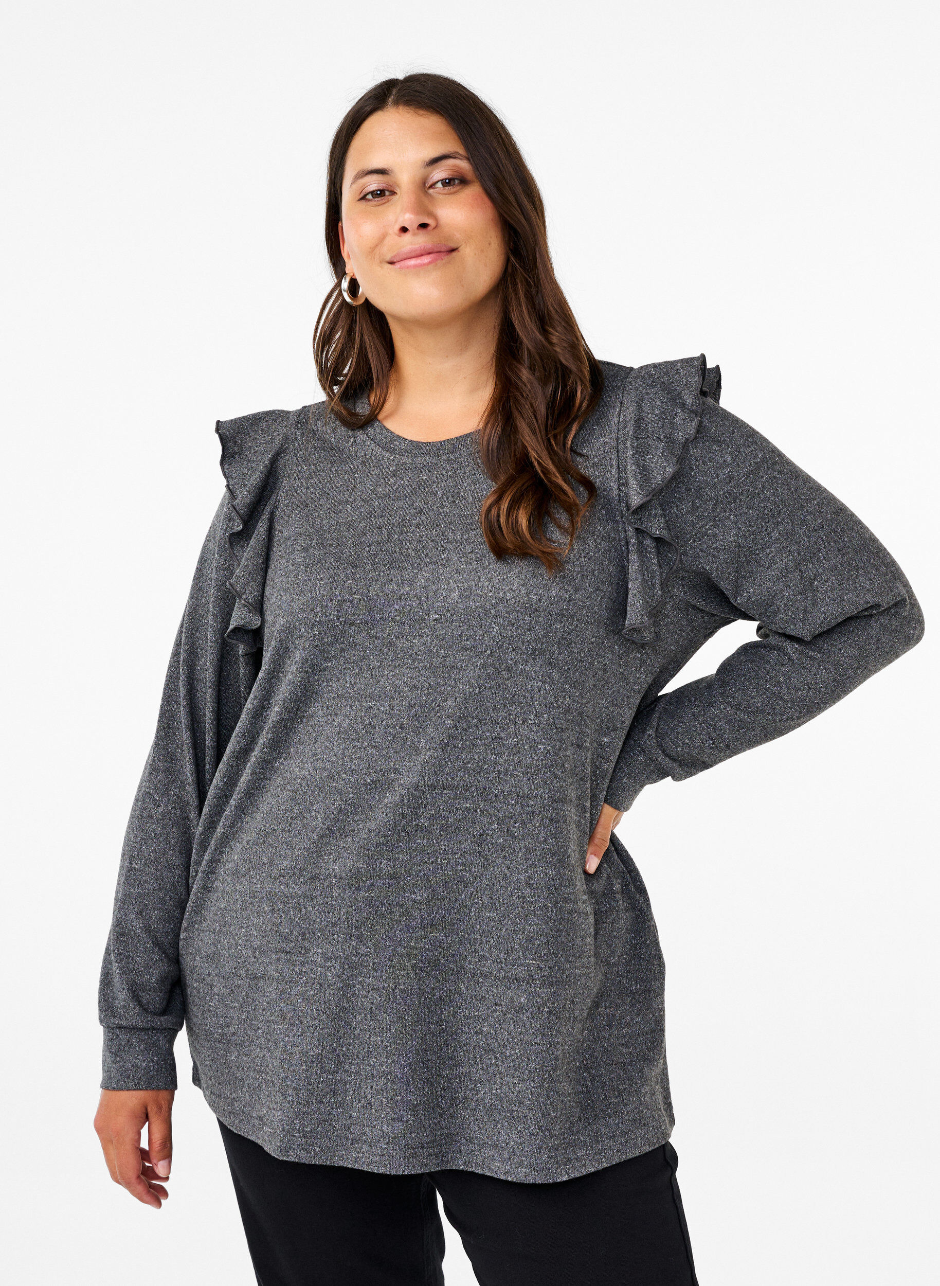 Zizzi Blouse met lange mouwen en ruches, Dark Grey Melange, Model image number 0