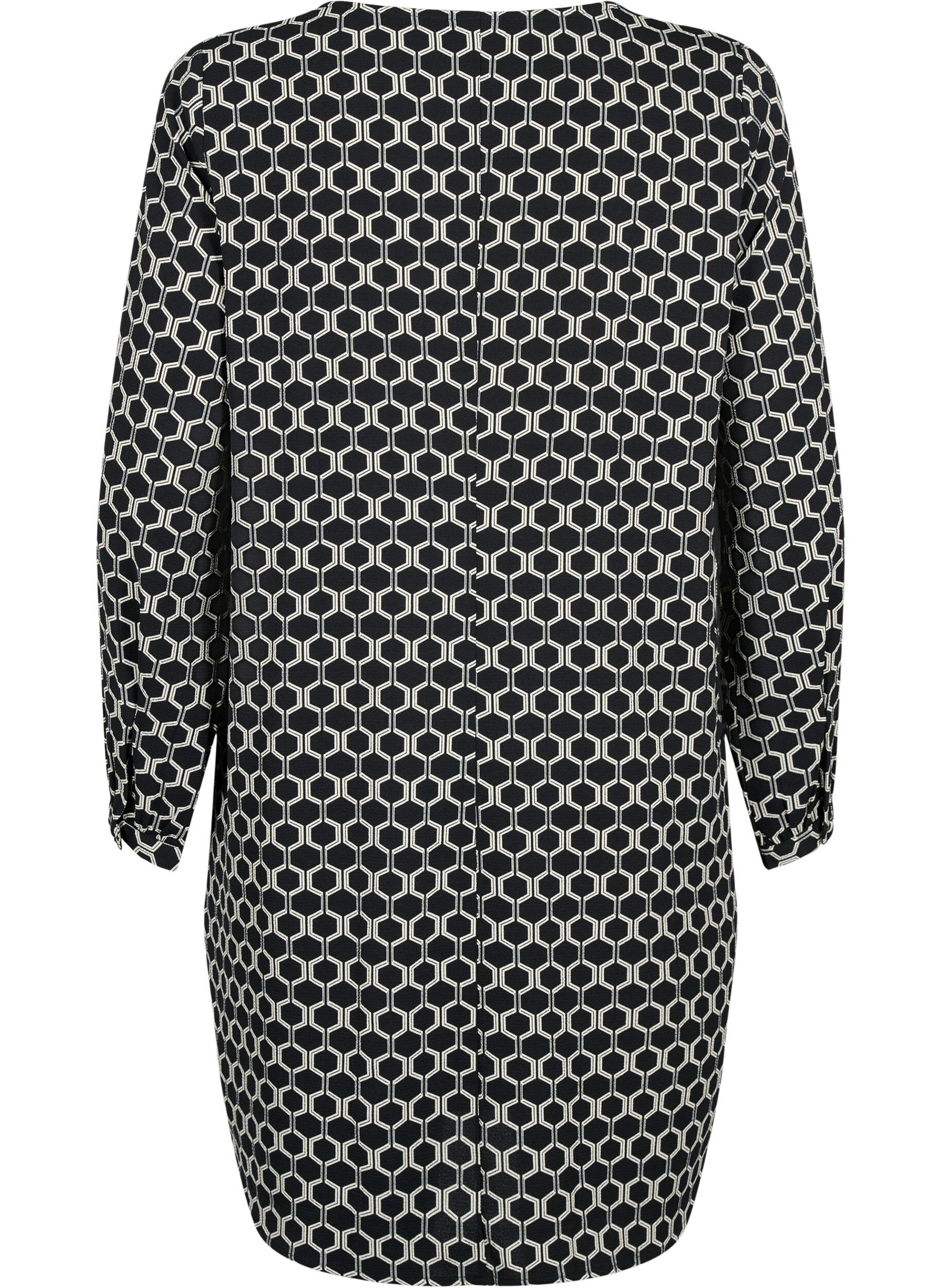 Zizzi Robe &agrave; col en V avec imprim&eacute;, Black Graphic AOP, Packshot image number 1