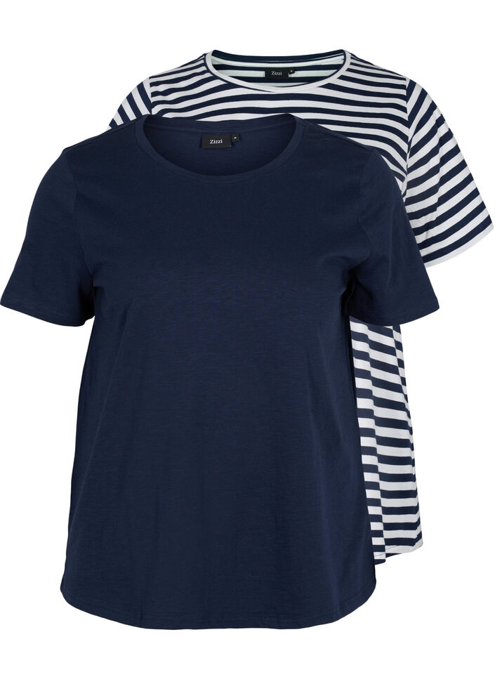 Lot de 2 T-shirt basiques en coton, Navy/Navy Stripe, Packshot image number 0