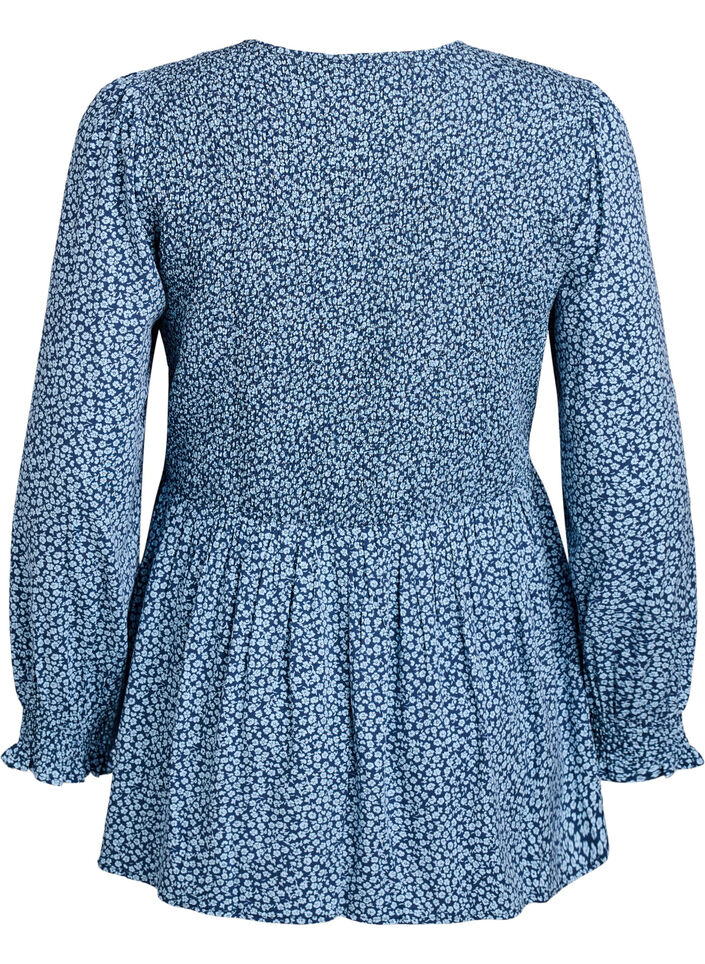 Blouse met gesmokte top en bloemenprint, Blauw, Packshot image number 1