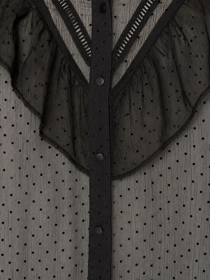 Robe midi en tissu l&eacute;ger et vaporeux &agrave; pois, avec des volants, Noir, Packshot image number 3