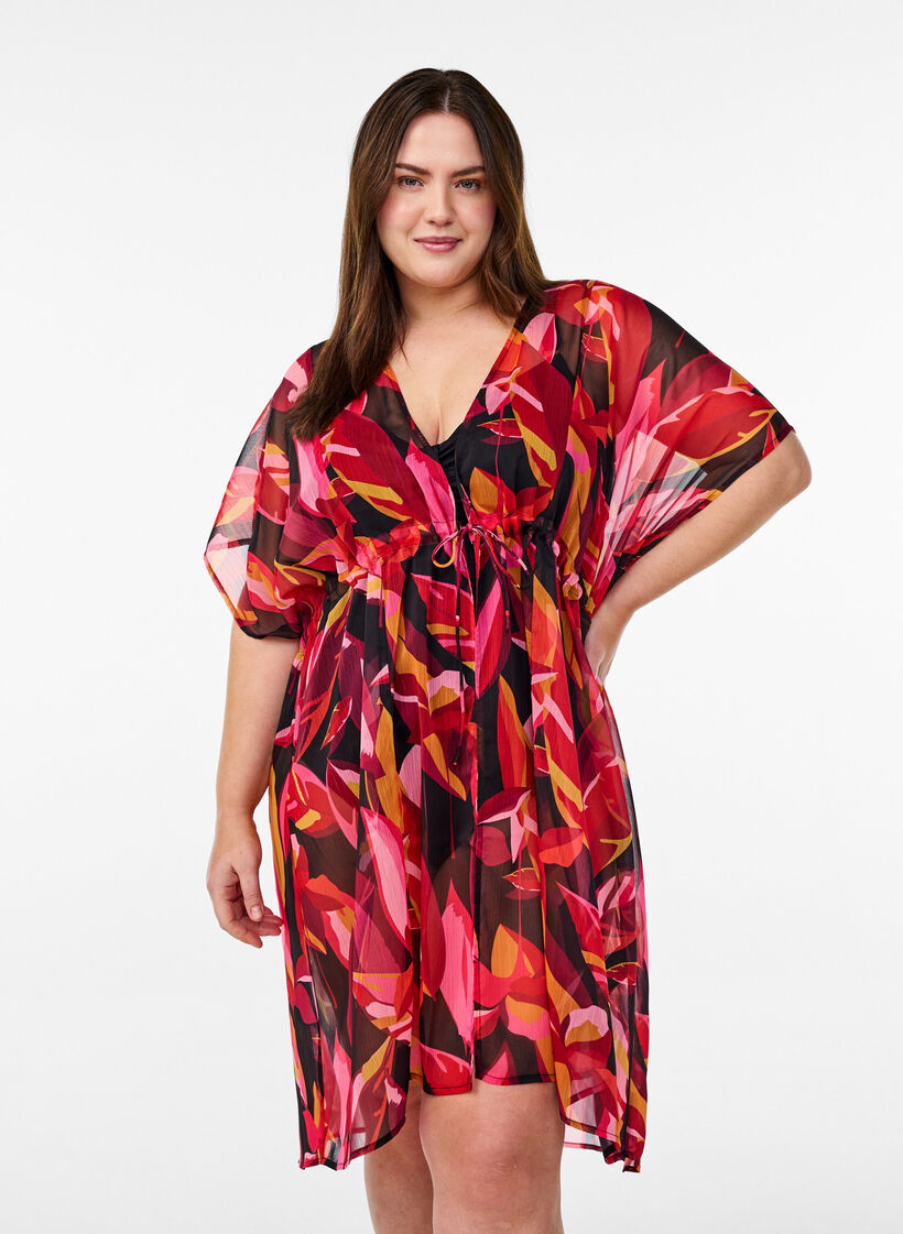 Strand kimono met print, Rood, Model image number 0