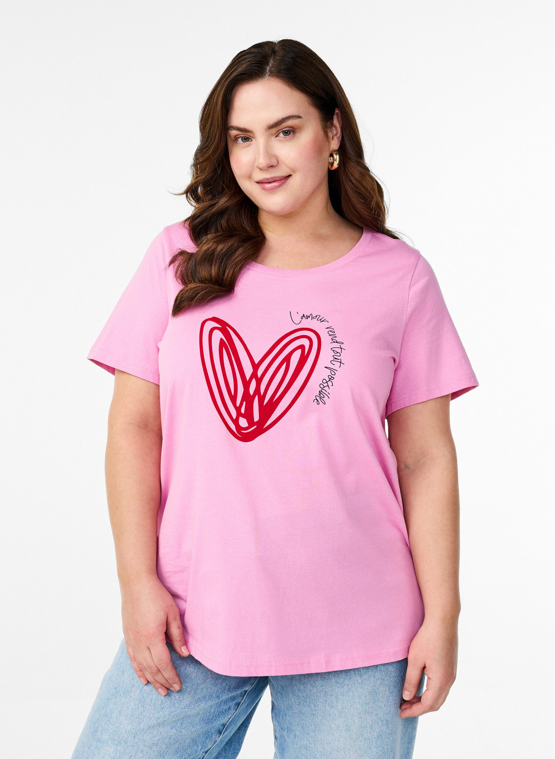 Zizzi T-shirt en coton avec motif, Begonia P. w. Heart, Model image number 0