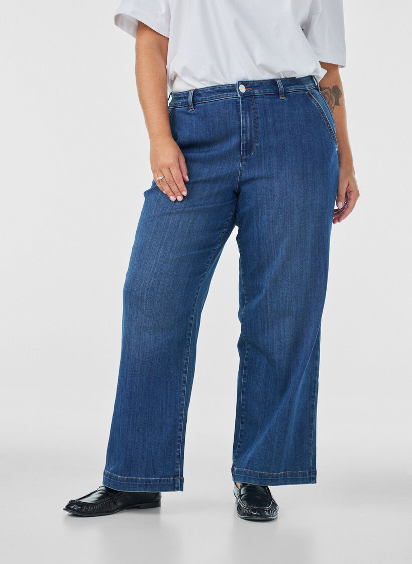 Jean Myra coupe large taille haute, Bleu, Model image number 2