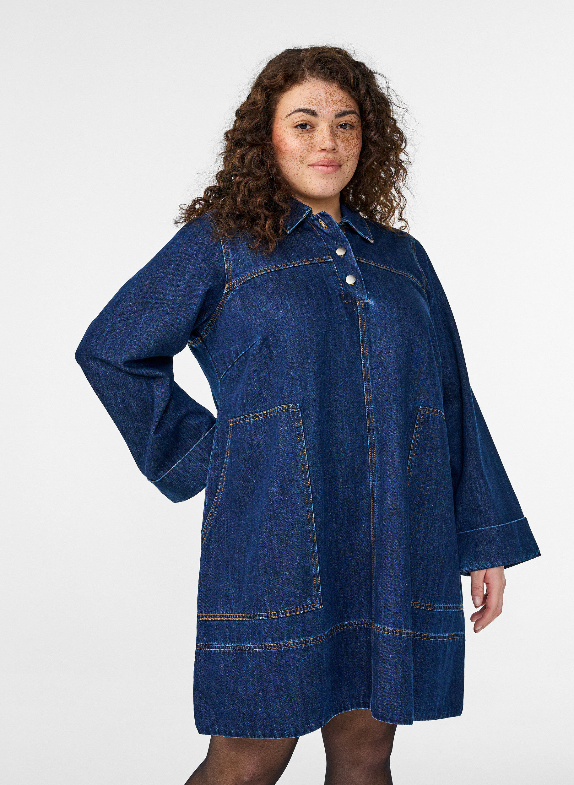 ZizziKorte denimjurk met kraag en knoopsluiting, Blauw, Model image number 2