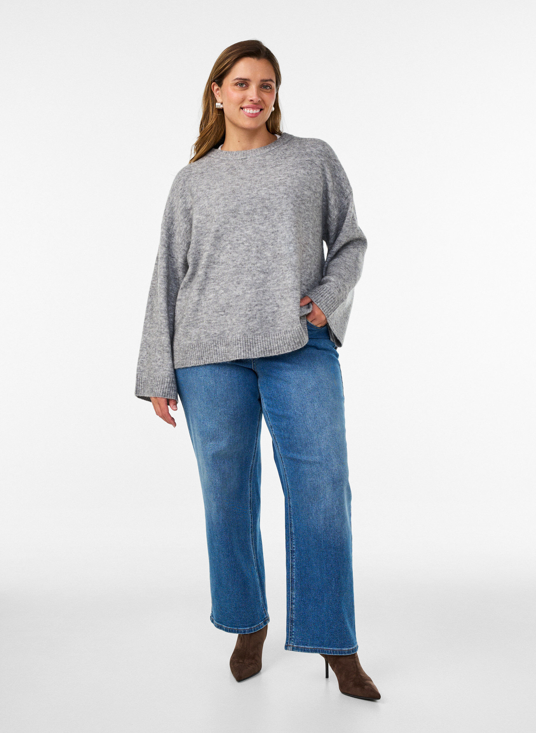 ZizziBlouse ample tricot&eacute;e en alpaga et laine, Gris, Model image number 1