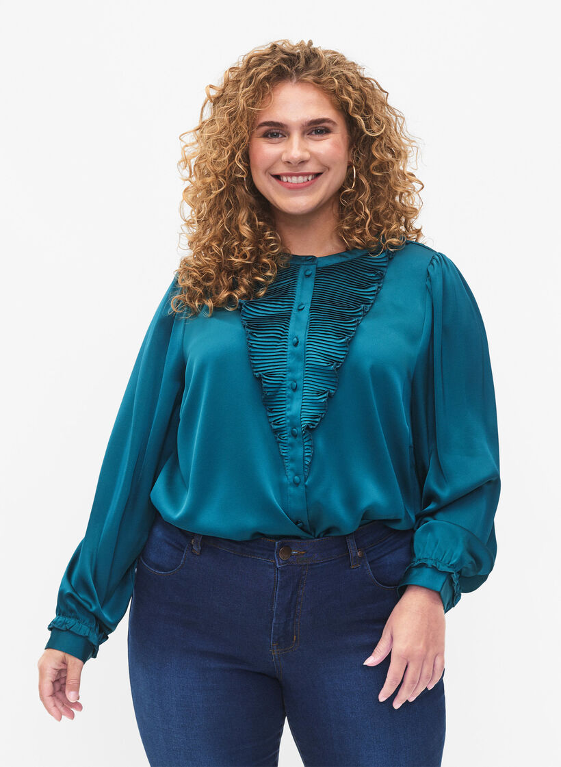 Satijnen overhemd blouse met ruches, Shaded Spruce, Model image number 0