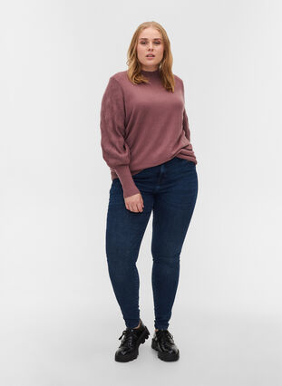 Blouse en tricot à col montant et manches bouffantes, Rose Taupe Mel., Model image number 2