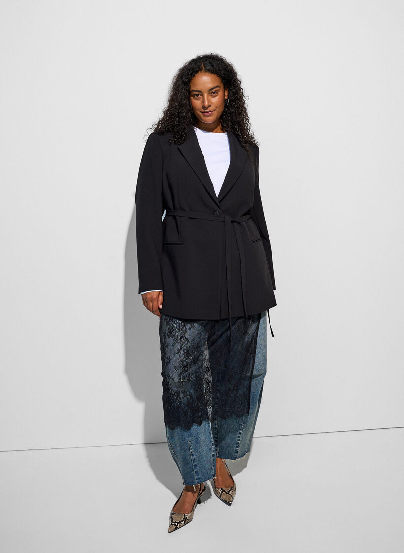 Blazer met afneembare strikceintuur, Zwart, Model image number 0