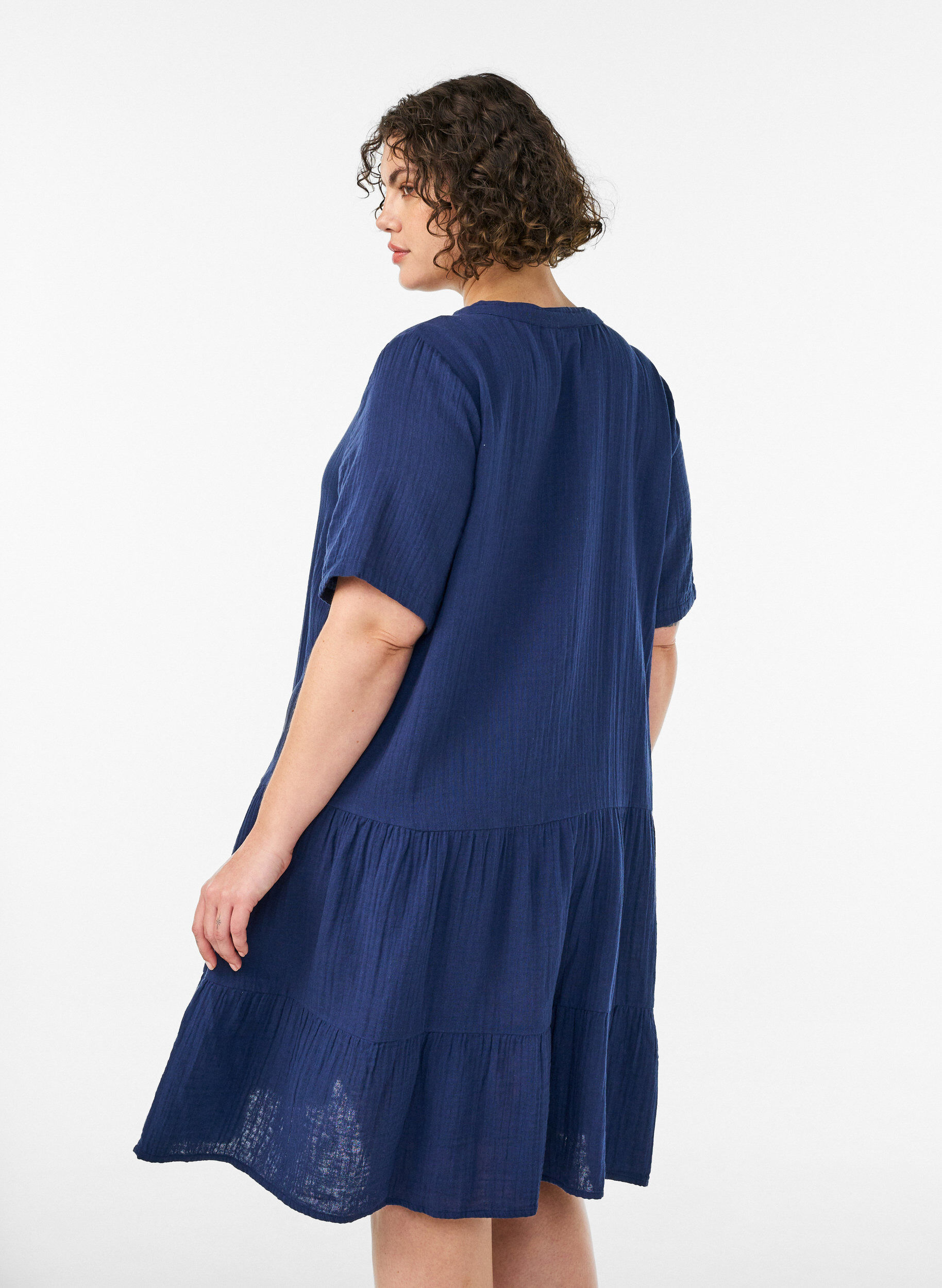 ZizziKorte A-lijn jurk in katoenen mousseline, Blauw, Model image number 2