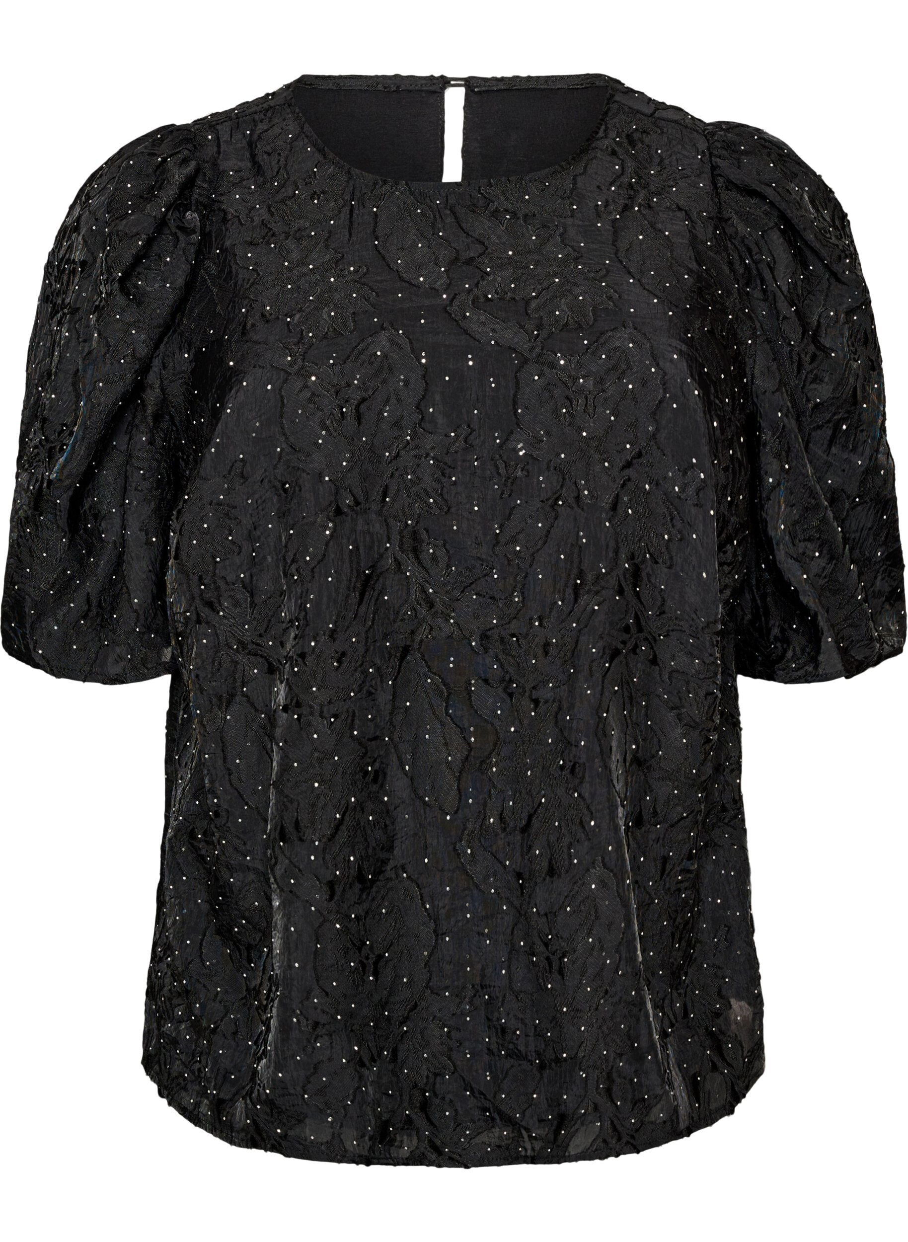 ZizziBlouse jacquard avec d&eacute;tails scintillants et manches bouffantes, Noir, Packshot image number 0