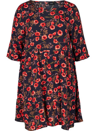 Viscose jurk met bloemenprint en 3/4 mouwen, Black Poppy Flower, Packshot image number 0