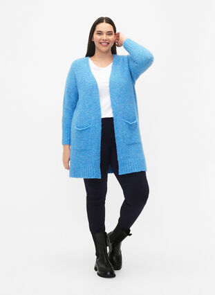 Long cardigan en tricot avec de la laine et des poches, French Blue, Model image number 2