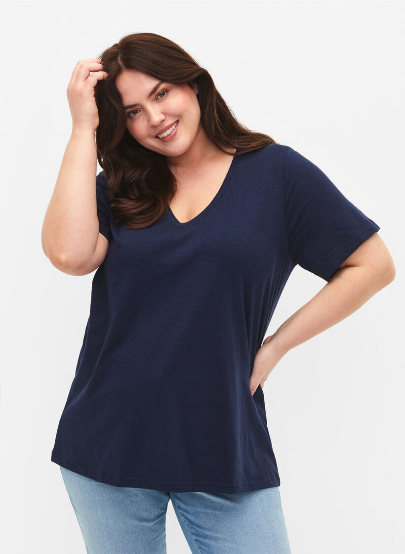 Basic t-shirt met korte mouwen en v-hals, Blauw, Model image number 0