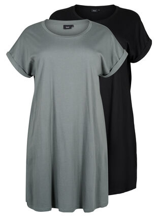 2-pack katoenen jurk met korte mouwen, Balsam Green/Black, Packshot image number 0