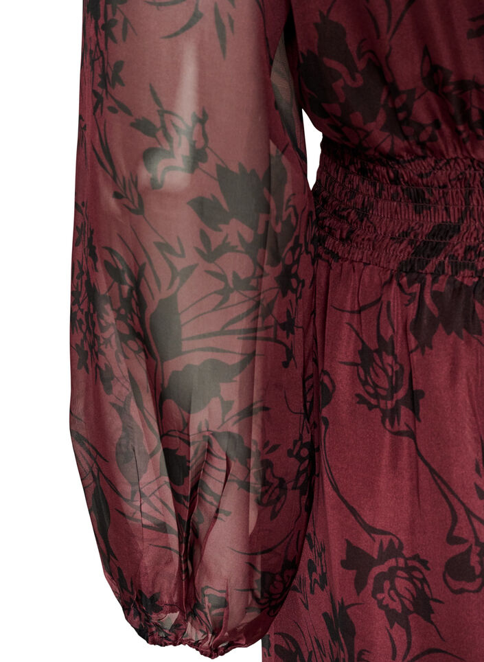 Maxi-jurk met bloemenprint en smokwerk, Donker Bordeaux, Packshot image number 3