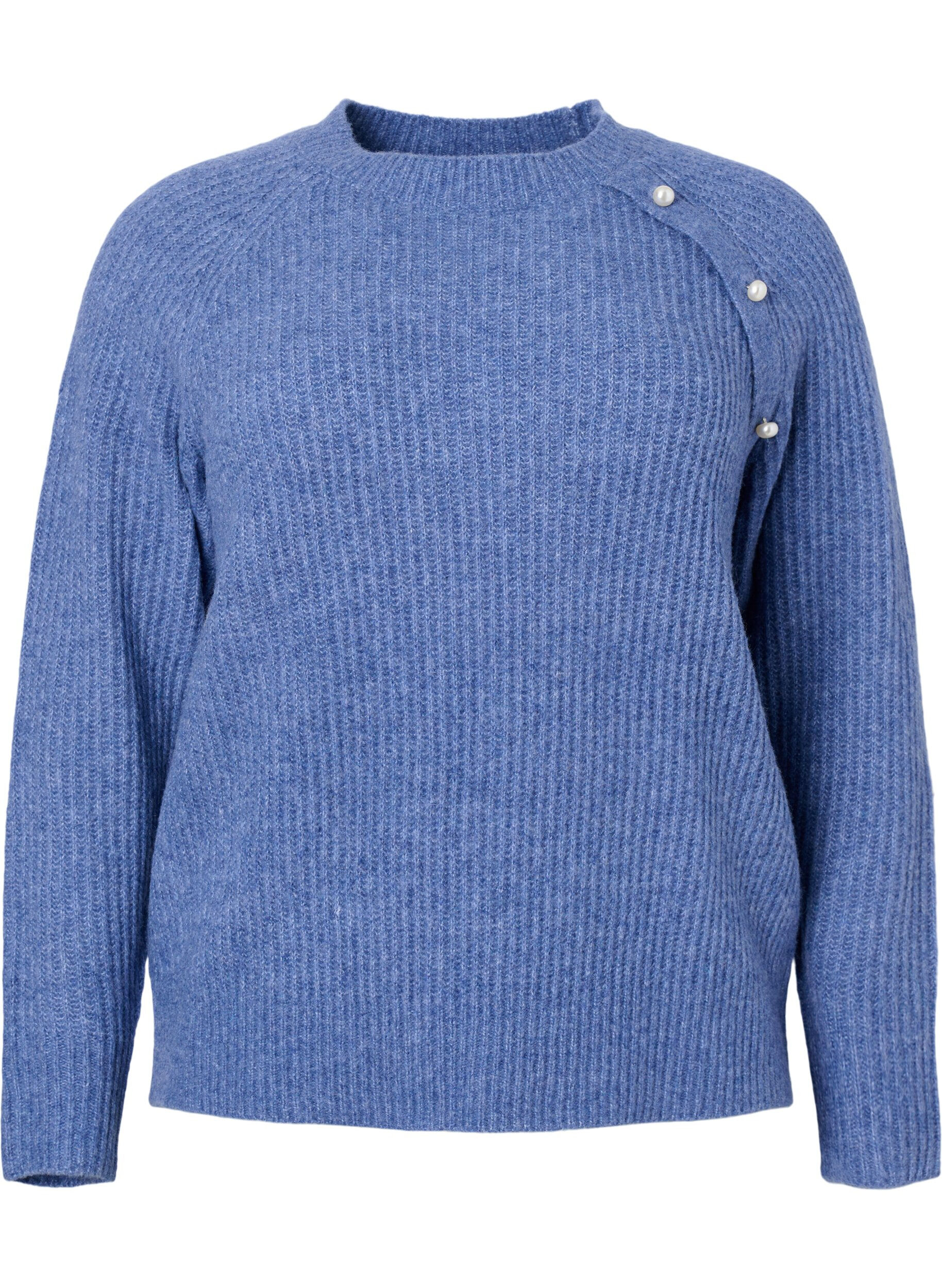 ZizziGem&ecirc;leerde pullover met parelknopen, Coastal Fjord Mel., Packshot image number 0