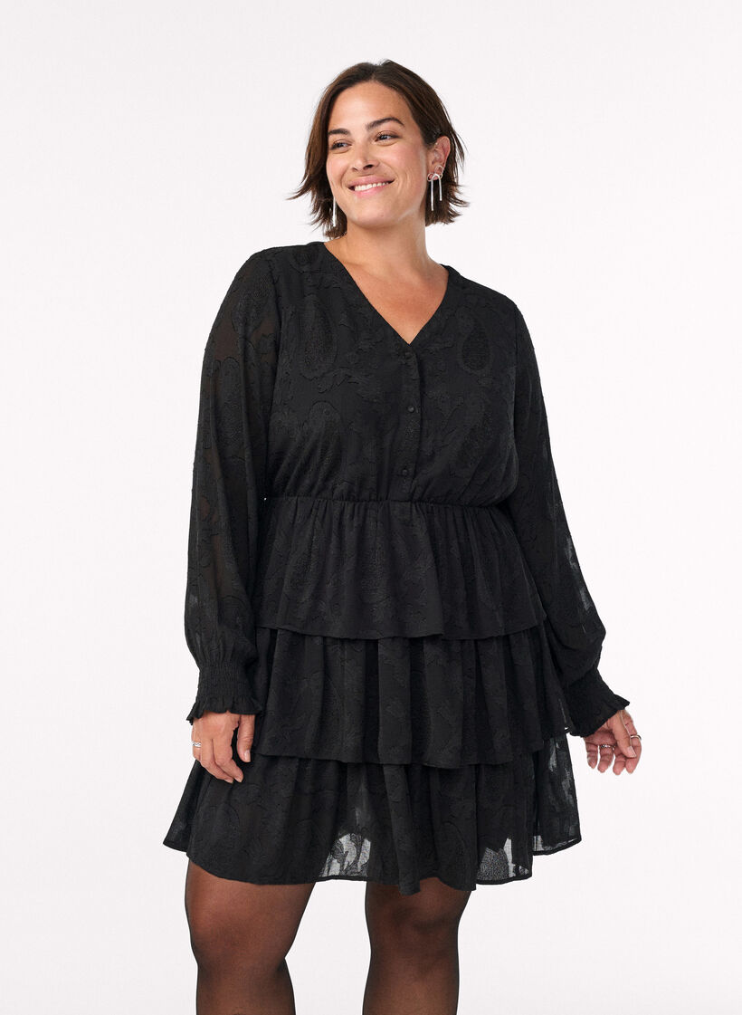 Robe courte &agrave; volants et motif textur&eacute;, Noir, Model image number 0