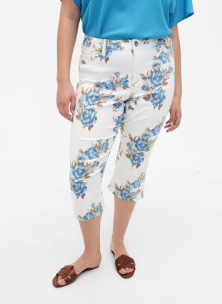 Amy capri jeans met hoge taille en bloemenprint, White B.AOP, Model image number 2