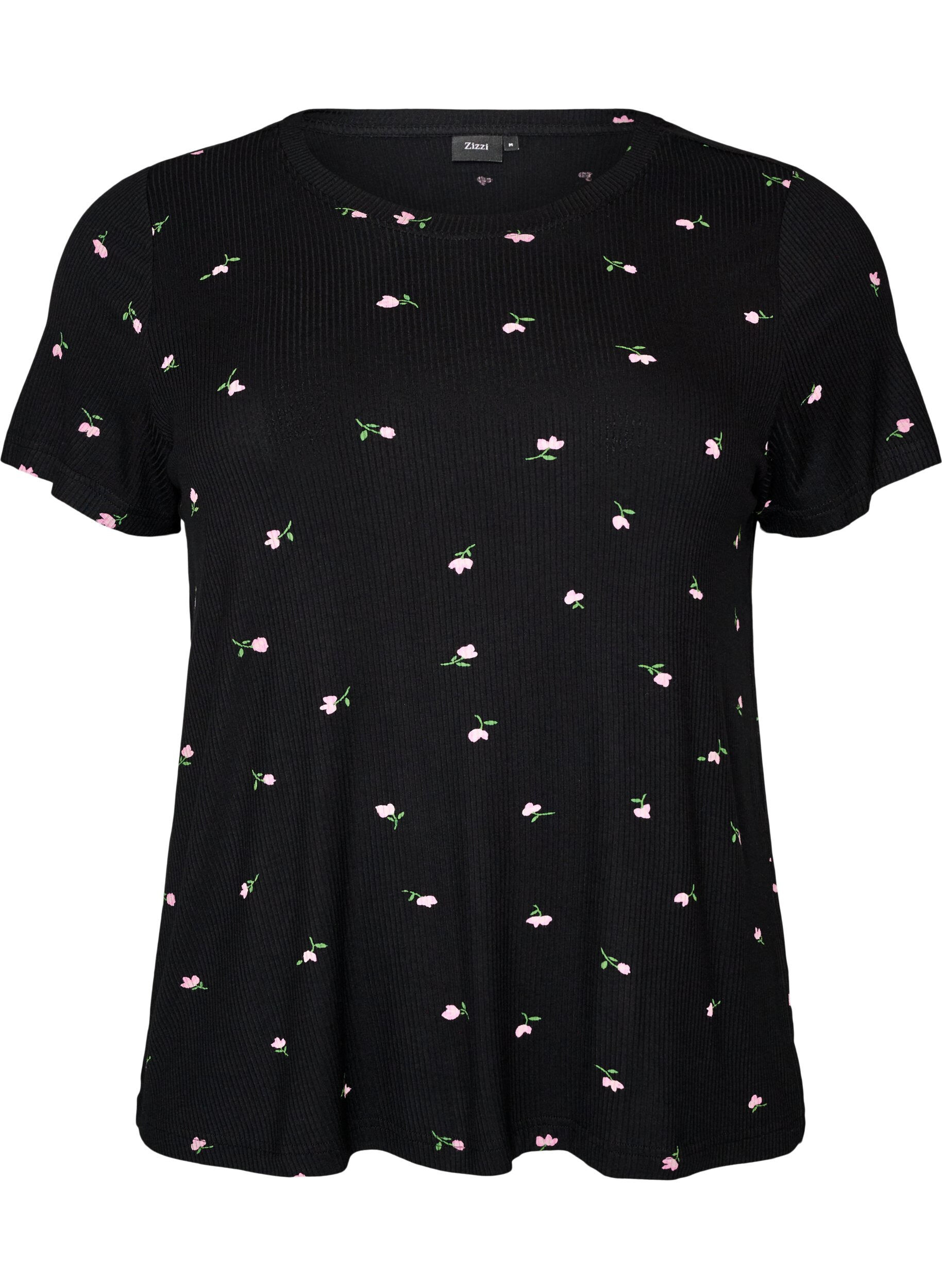 ZizziPyjama top met bloemenprint en geribde textuur, Zwart, Packshot image number 0